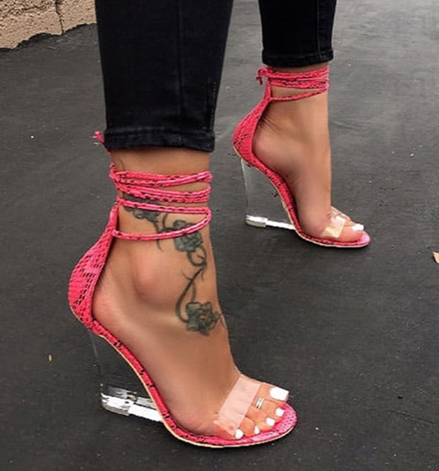 Amanda- Cross Strap Lace-Up Clear Heels