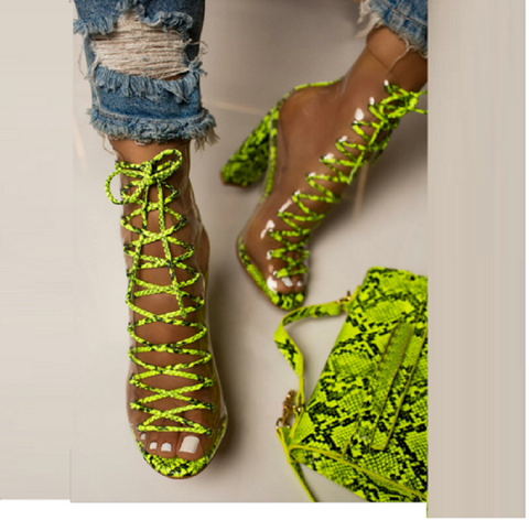 Cassie- Neon Transparent Snake Skin Chunky Heels