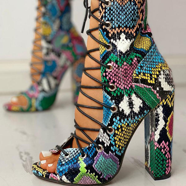 Amina- Cross-tied Peep Toe Square High Heels