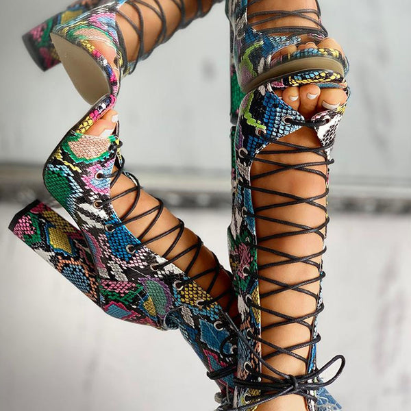 Amina- Cross-tied Peep Toe Square High Heels