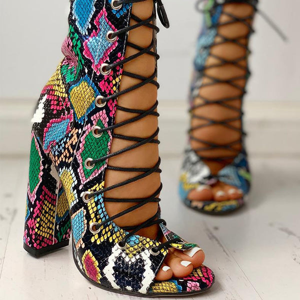 Amina- Cross-tied Peep Toe Square High Heels