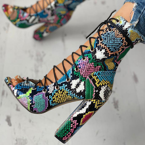 Amina- Cross-tied Peep Toe Square High Heels