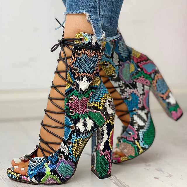 Amina- Cross-tied Peep Toe Square High Heels