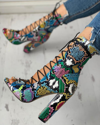 Amina- Cross-tied Peep Toe Square High Heels