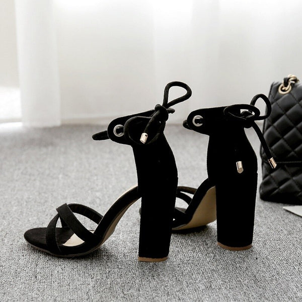 Rizza- Ankle Tie Cross Strap Chunky Heels